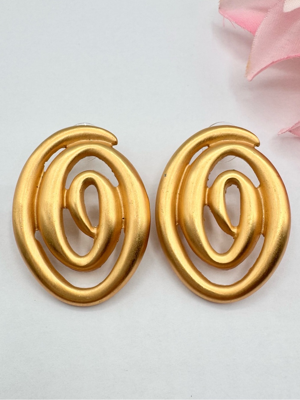 Vintage Anne Klein Big Spiral Statement Stud Earrings Matte Gold Tone 80s 90s